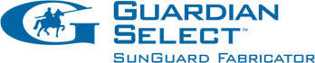 A blue and white logo for guardian select.