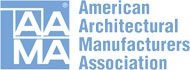 A blue and white logo for the american architects manufacturing association.