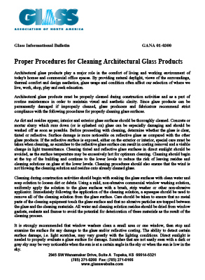 A page of text with instructions for cleaning architectural glass products.