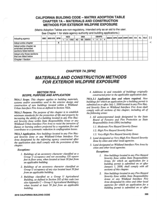 A page of materials and construction methods for exterior wildfire exposure.