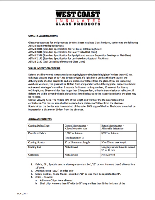 A glass product specification sheet with the information in it.